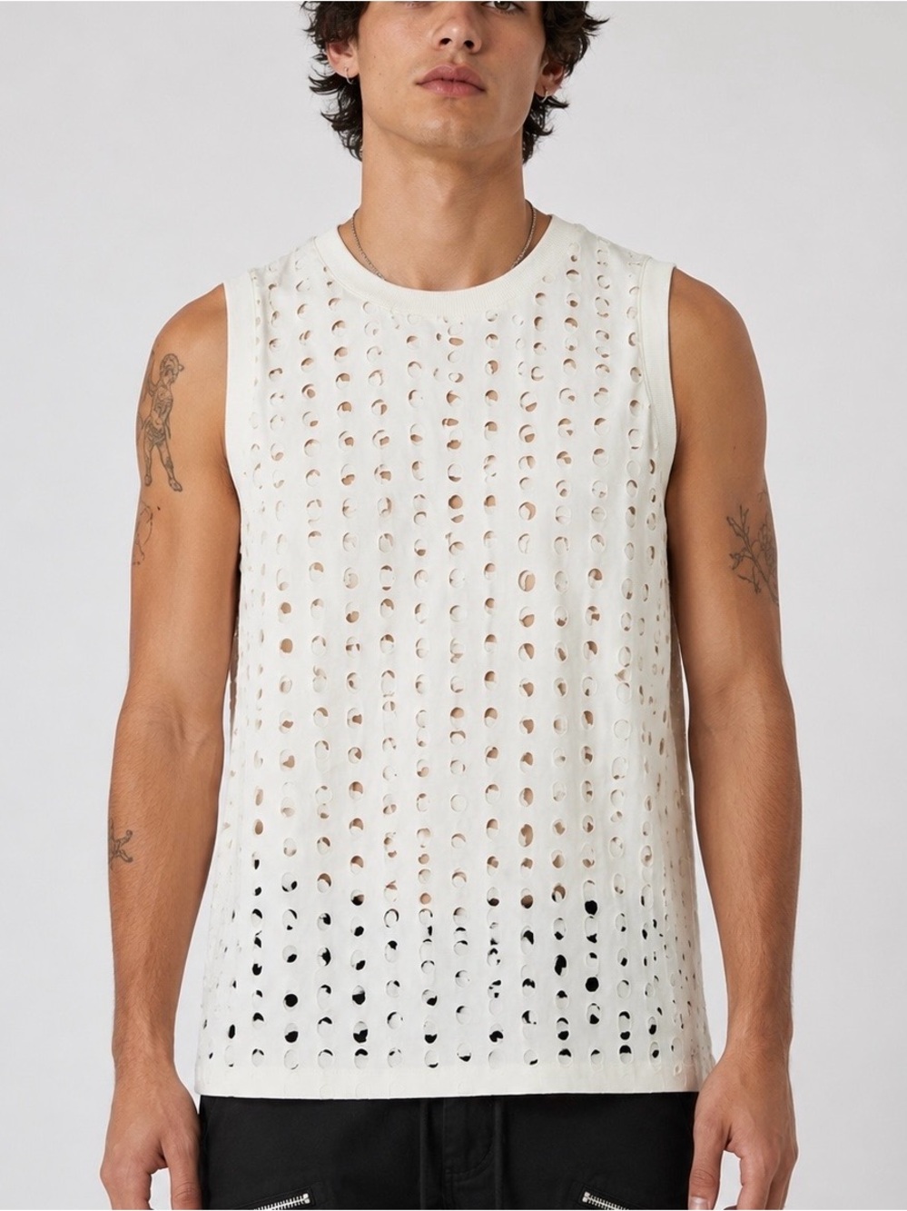 RTA Tobias men’s Laser Cut Sleeveless Shirt White Distressed holes Tank Top XL